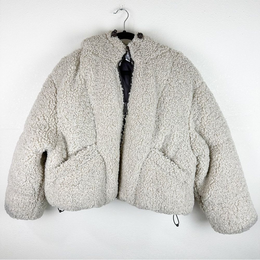 Topshop Borg Teddy Quilted Oversized Cream Puffer Crop Jacket Size 8